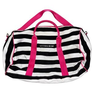 Victoria's Secret Striped Black White Pink Duffle Bag Overnight Weekender VTG